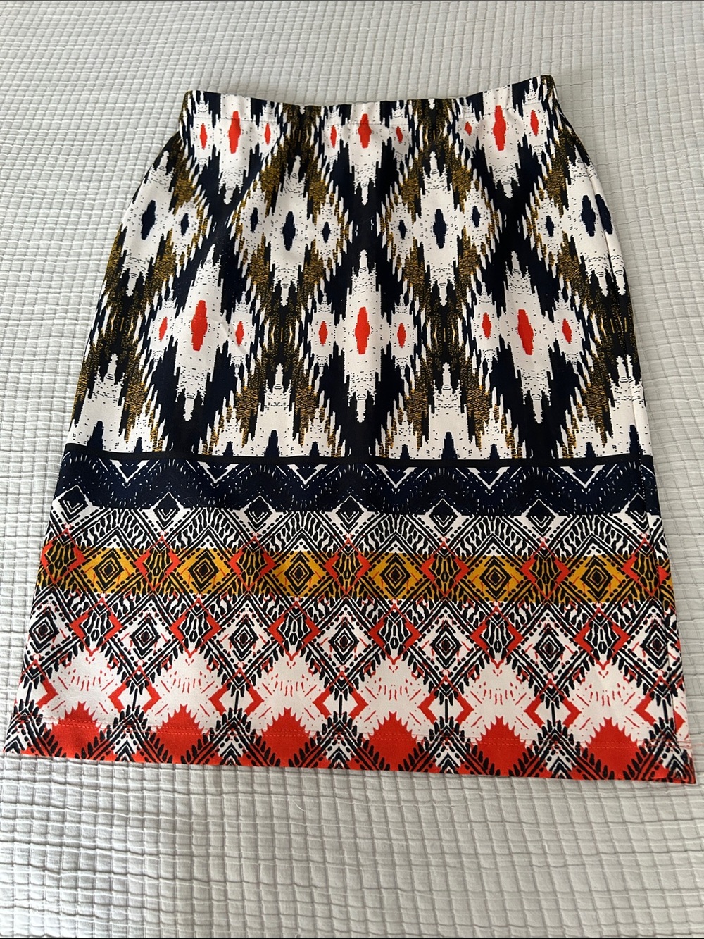 Maeve Printed A-Line Skirt in Ivory, Black & Red-Orange Accents